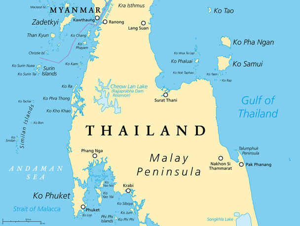 Tailândia mapa político, de Ko Tao e Ko Samui para Phuket e Phi Phi Ilhas. Destinos de viagem a oeste e a leste da Península Malaia, ao largo da costa da Tailândia, com ilhas e cidades mais importantes. - Vetor, Imagem