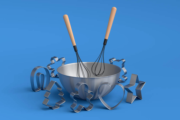 Metal bowl and cookie cutters with kitchen utensil for preparation of dough on blue background. 3d render of home kitchen tools and accessories for cooking, blending and mixing - Photo, image