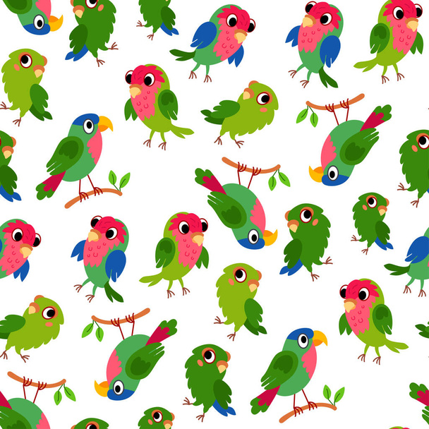 Nahtlose Papageienvogel Gimpel Hintergrund für Kinder. Niedliche Kinder Design-Vorlage. Helle Symbole für Textilien, Geschenkpapier, Grußkarten oder Poster für den Kindergarten - Vektor, Bild