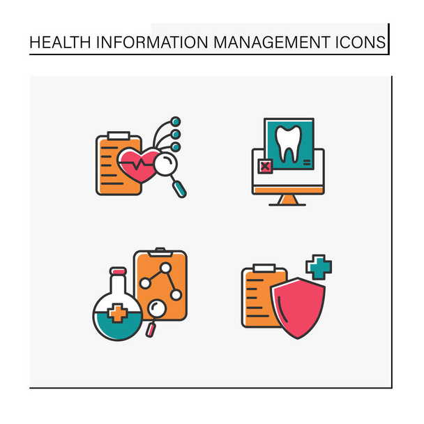 Medical management color icons set. Medical insurance, X-ray diagnostic, clinical trial, diagnostics. Healthcare and health information management concept. Isolated vector illustration - Vector, Image