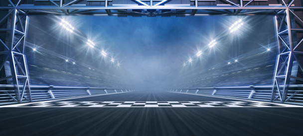 Pista de carreras y línea de meta comprobada con portón de metal y reflectores iluminados estadio deportivo por la noche. Ilustración 3D digital profesional de deportes de carreras. - Foto, imagen