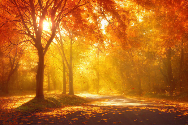 Gazdag sárga és piros színek az őszi parkban, levelek hullanak a napsütötte juharfákról egy sikátor mentén. Digitális 3D illusztráció - Fotó, kép
