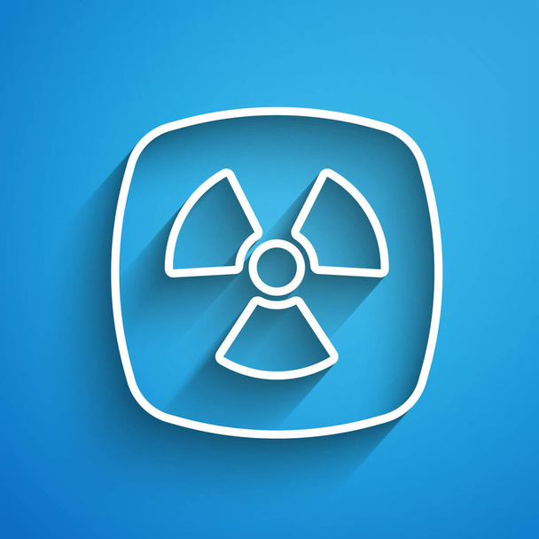 White line Radioactive icon isolated on blue background. Radioactive toxic symbol. Radiation hazard sign. Long shadow. Vector. - Vetor, Imagem