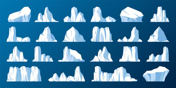 Плавающая коллекция айсбергов. Дрейфующий арктический ледник, блок замерзшей морской воды. Ледяные горы со снегом. Тающий ледяной пик. Антарктический снежный пейзаж. Южный и Северный полюс. Векторная иллюстрация - Вектор,изображение