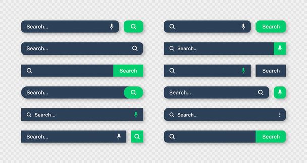 Various search bar templates, dark mode. Internet browser engine with search box, address bar and text field. UI design, website interface element with web icons and push button. Vector illustration. - Vektori, kuva