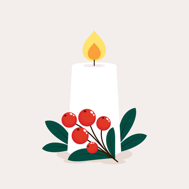 Christmas candle vector. Christmas candle and holly berry. Vector illustration. - Vector, Image
