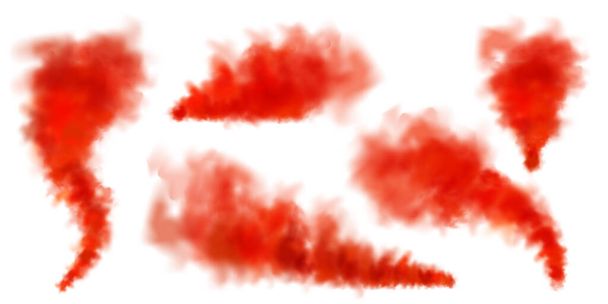 Rote bunte Rauchwolken vereinzelt auf weißem Hintergrund, realistischer Nebeleffekt, Nebel. Dampf in der Luft, Dampfstrom. Vektorillustration. - Vektor, Bild