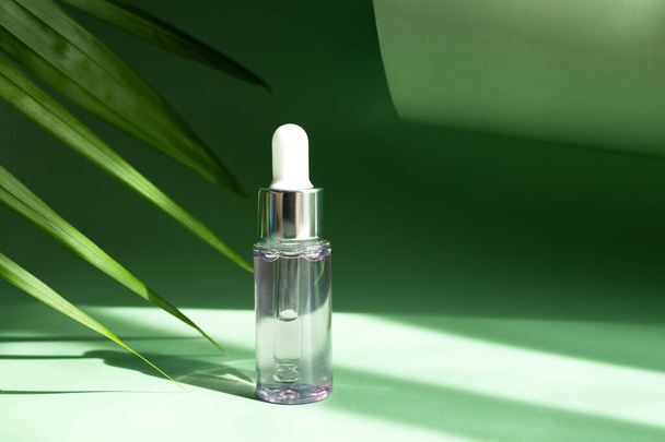 Una botella cosmética transparente con una pipeta junto a una hoja de palma en los rayos del sol brillante. - Foto, imagen