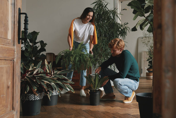 Beautiful young couple spending time together while watering houseplants at home together - Foto, imagen