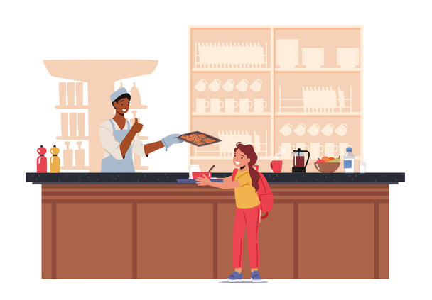 Lunch In School Cafeteria Concept. Girl Pupil Eating In School Canteen Or Cafe. Child Character Stand At Counter For Buying Food during Break at Catering or Buffet. Cartoon People Vector Illustration - Vector, Image