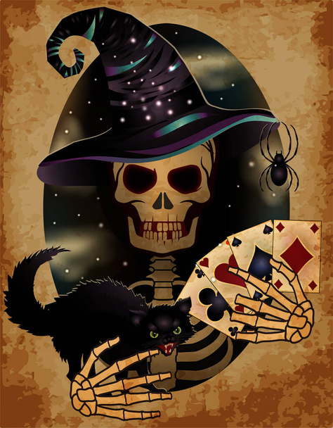 Happy Halloween casino. Skeleton with poker cards and black cat, vector illustration - Vetor, Imagem