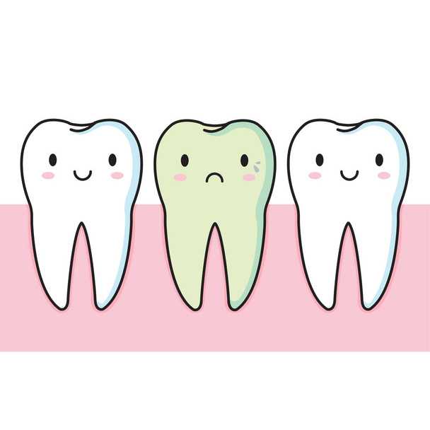 Κινούμενο σχέδιο επίπεδη απεικόνιση του χαμογελαστού λευκού δοντιού και κλάμα δόντια με τερηδόνα. Χαριτωμένο δόντι μωρού Καβάι. Εικονογράφηση διανύσματος. - Διάνυσμα, εικόνα