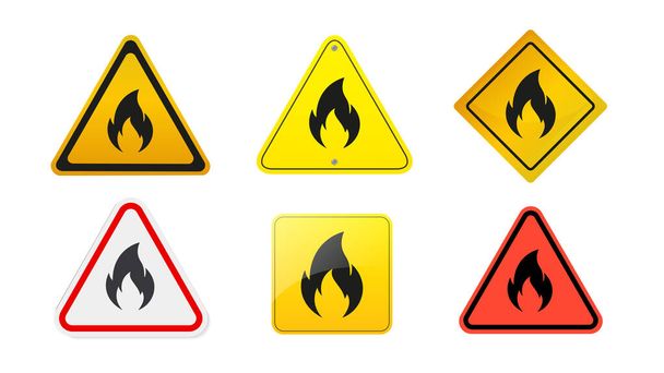 Señales de advertencia de incendio. Icono de peligro en triángulo amarillo. Icono de sustancias inflamables e inflamables. Ilustración vectorial - Vector, imagen