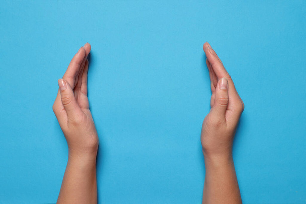 Woman holding on light blue background, closeup of hands. Space for text - Zdjęcie, obraz