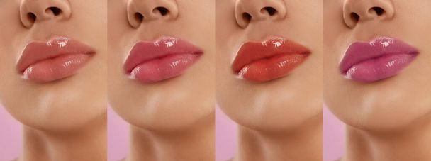 Collage with photos of young woman with different glossy lipsticks on pink background, closeup. Banner design - Φωτογραφία, εικόνα