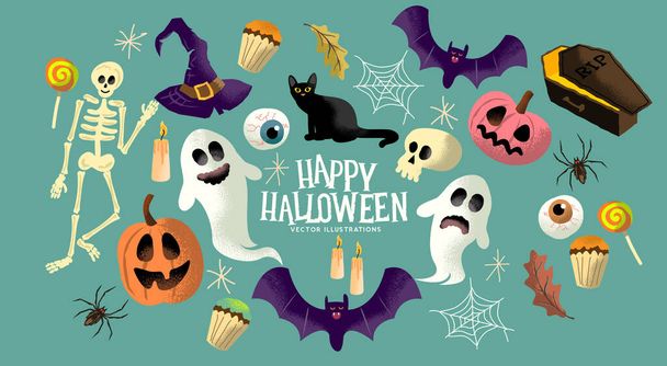 A collection of trick or treat halloween event characters and objects with ghosts, pumpkins and sweets. - Wektor, obraz