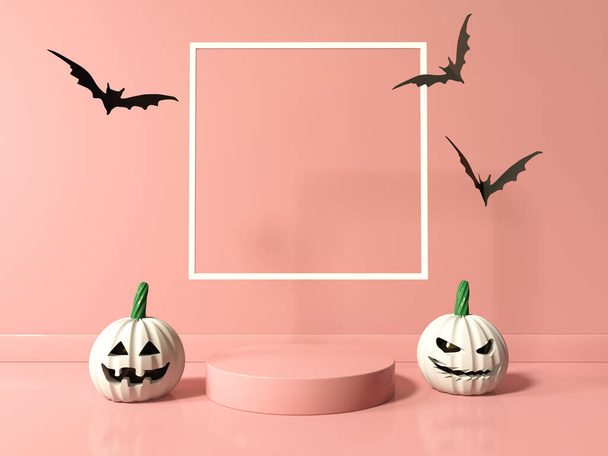 Halloween theme with pumpkin ghosts and bats in front of the square frame - 3D render - Valokuva, kuva