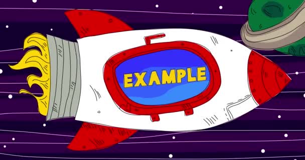 Rakete im Weltraum mit Beispieltext im Fenster. Zeichentrickfilm Line Art. - Filmmaterial, Video