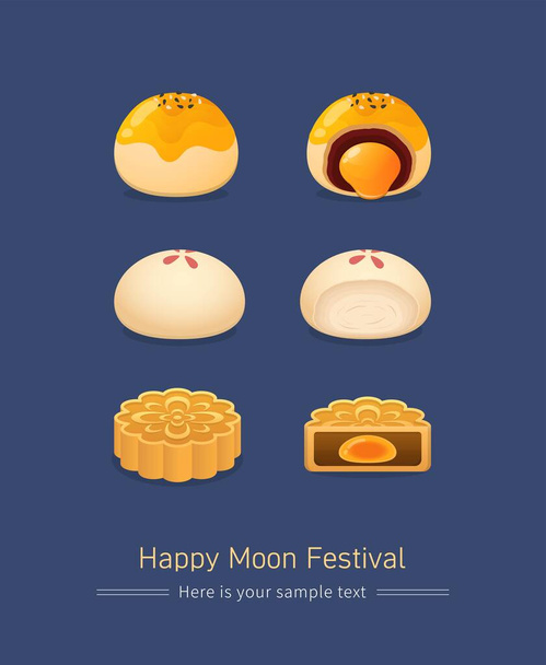 Festival a Taiwan e in Cina: Festa di metà autunno, torte di luna di tuorlo d'uovo, deliziosi dolci, dessert, sapori diversi, interi e metà. - Vettoriali, immagini