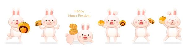 6 simpatici personaggi mascotte coniglio e cibo tradizionale e dolci della festa di metà autunno: Mooncakes - Vettoriali, immagini