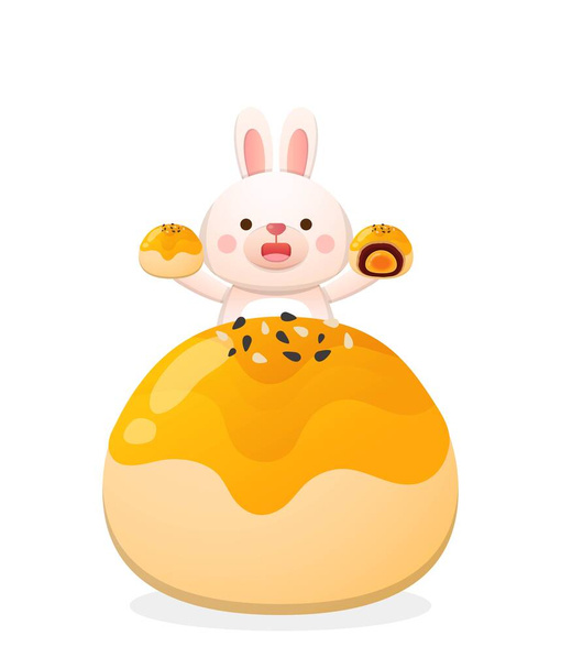 Cute Rabbit mascot character and traditional food and dessert for Mid-Autumn Festival: moon cake - Vector, Image