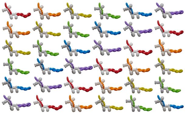 A rectangle pattern of white balloon animal unicorns with rainbow of colorful manes and tails on a white background. - Photo, Image