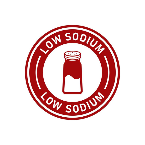 Icono del logotipo del vector de insignia baja en sodio o sal. Adecuado para alimentos, salud y etiqueta del producto - Vector, imagen