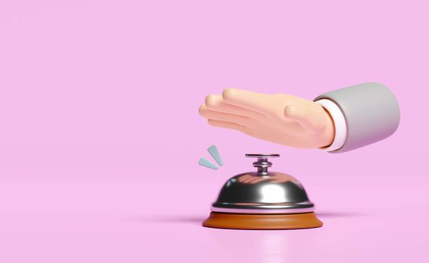 3D-Service-Glocken-Symbol mit Händen, die isoliert auf rosa Hintergrund drücken. 3D-Darstellung, Clipping-Pfad - Foto, Bild