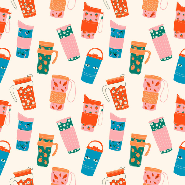 Seamless pattern with  Vintage thermos cups. Thermos Chinese retro thermo Flask. Cute  print on the side. Hand drawn colorful Vector. Cartoon style - Vector, Image