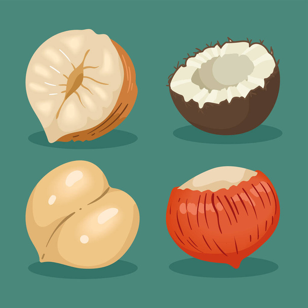 four nuts snacks set icons - Вектор,изображение