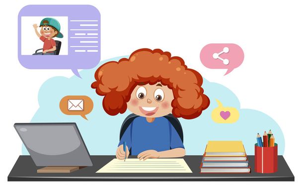 Une fille faisant ses devoirs et bavardant avec son ami sur tablette illustration - Vecteur, image