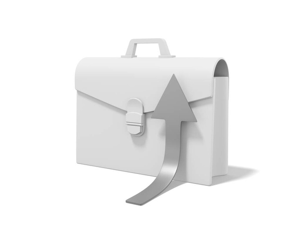 Biała walizka ze srebrną strzałką na białym tle. Ikona portfela. Renderowanie 3D - Zdjęcie, obraz