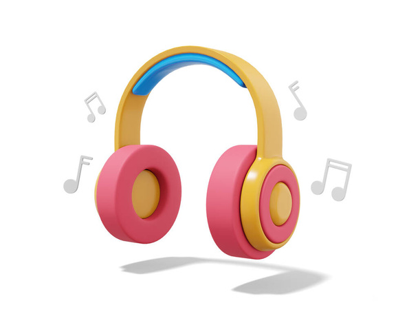 Multicolored headphones with music notes on white background. 3d rendering - Zdjęcie, obraz