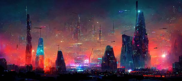 Nighttime in cyberpunk city of the futuristic fantasy world features skyscrapers, flying cars, and neon lights. Digital art 3D illustration. Acrylic painting. - Foto, Imagen