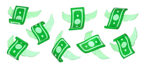 3d render flying banknotes with wings, isolated money set. Green dollars on white background. Twisted paper bills and currency banknotes birds. Business and finance success, casino jackpot win, wealth - Valokuva, kuva