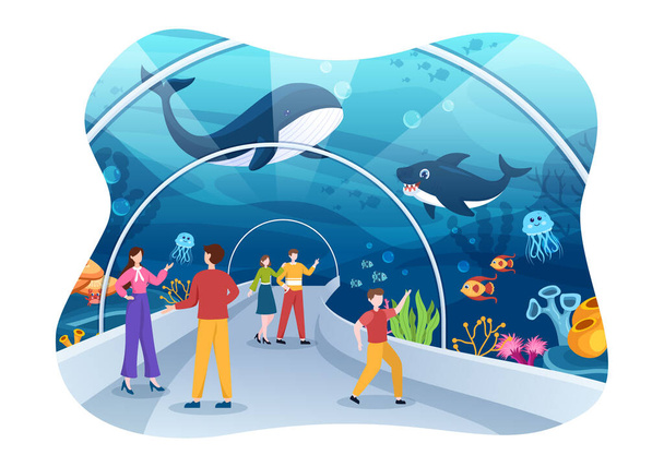 Aquarium Template Hand Drawn Cartoon Flat Illustration with Family and Kids Looking at Underwater Fish, Sea Animals Variety, Marine Flora and Fauna - ベクター画像