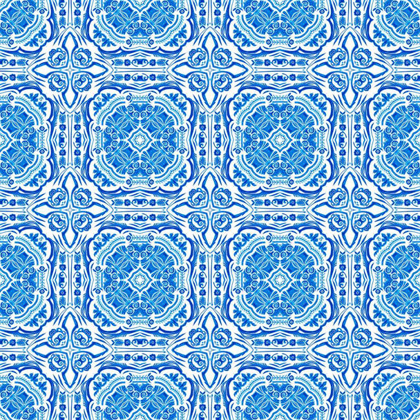  Seamless coastal geometric floral mosaic effect. Ornamental arabesque all over summer fashion damask repeat.Blue white watercolour azulejos tile background.  - Fotoğraf, Görsel