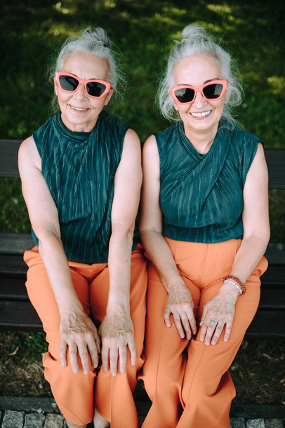 High angle view of happy senior women, twins in same clothes, smiling and posing in a city park. - Фото, зображення