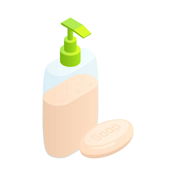 Barre isométrique et bouteille de savon liquide sur fond blanc illustration vectorielle 3d - Vecteur, image