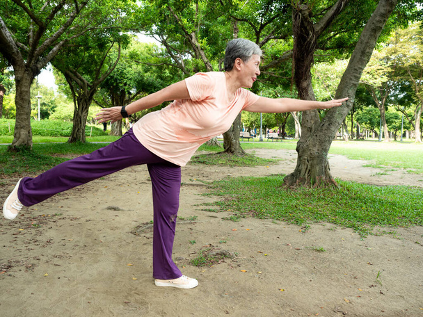 Retrato dos anos 60 idosa idosa idosa sênior asiática sorrindo de pé com toalha após o esporte e desfrutar com a natureza de ar fresco no parque. - Foto, Imagem