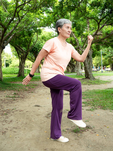 スポーツの後にタオルで立って笑顔で公園内の自然と新鮮な空気を楽しむ60代の高齢者アジアの女性の肖像画. - 写真・画像