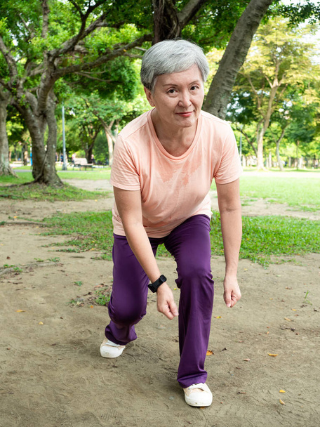 Retrato de 60s senior adulto anciano asia mujer sonriendo de pie con toalla después del deporte y disfrutar con la naturaleza aire fresco en el parque. - Foto, imagen