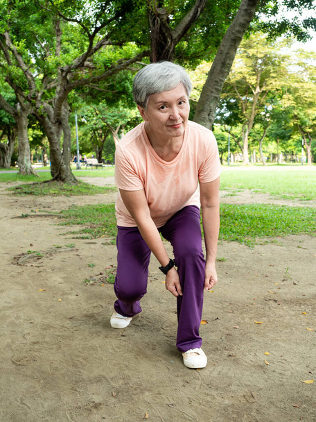 Ritratto di anziana donna anziana asiatica degli anni '60 sorridente in piedi con asciugamano dopo lo sport e godere con la natura aria fresca nel parco. - Foto, immagini
