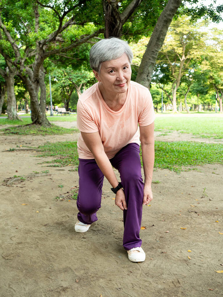 Portrait of 60s senior adult elderly asia woman smiling standing with towel after sport and enjoy with nature fresh air in the park. - Foto, Imagen