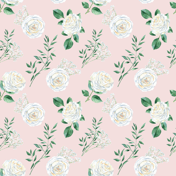 Seamless pattern with white roses, gypsophila and pistachio branches. Watercolor illustration. Can be used for wedding prints, gift wrapping paper, backgrounds for Valentines day and birthday, farbic - Foto, afbeelding