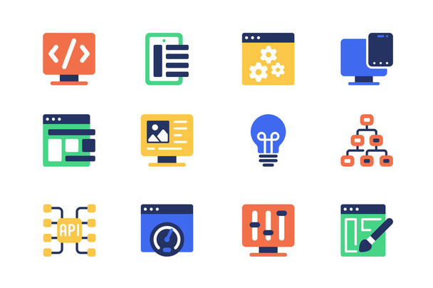 Design and development concept of web icons set in simple flat design. Pack of coding, programming, settings, optimization, generate idea, engineering and other. Vector pictograms for mobile app - Vector, Image