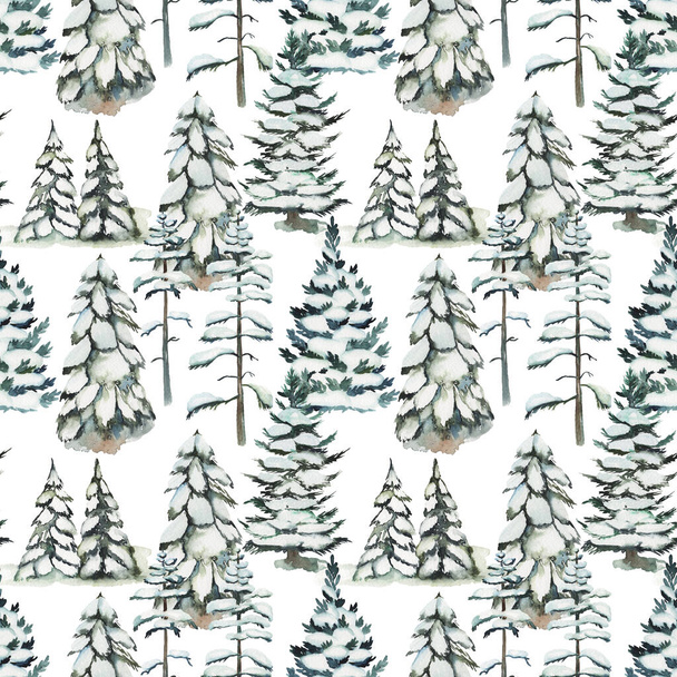 Seamless pattern with watercolor snowy pine trees and fir trees, hand drawn on white background - Photo, Image