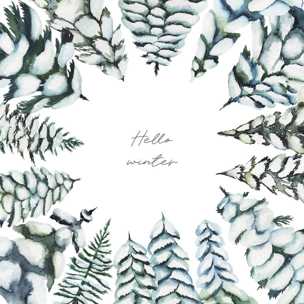 Szablon karty z akwarelą śnieżne jodły, zimowe tło lasu narysowane na białym tle, szablon karty okolicznościowej - Zdjęcie, obraz