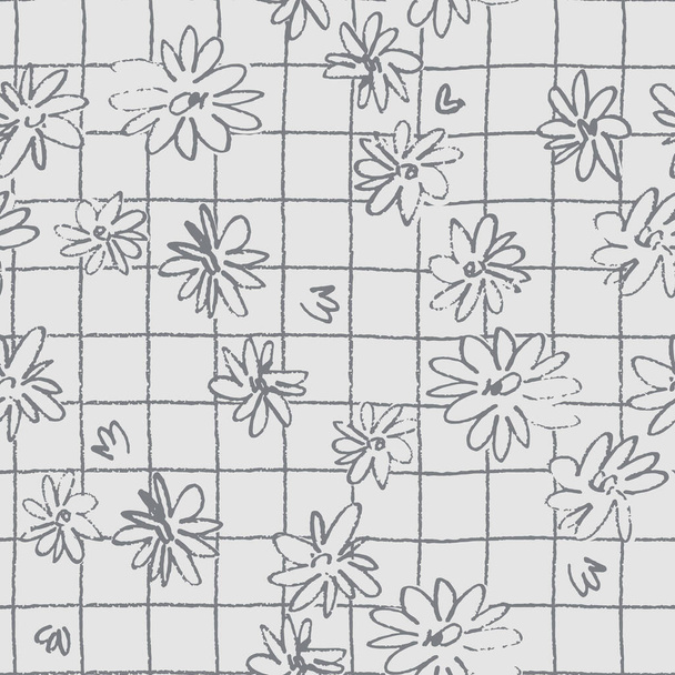 Płynny wzór z ręcznie rysowane łąki kwiaty w stylu Ditzy. Zarysowane ilustracje na ciemnym tle do projektowania powierzchni i innych projektów projektowych - Wektor, obraz