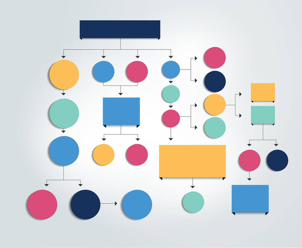 Big flowchart without text. Combined circle and square text fields. Colored shadows scheme. - Vector, Image